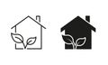 Eco Green House Line and Silhouette Icon Set. Ecology Real Estate Building with Leaf Pictogram. Bio Natural House Symbol Royalty Free Stock Photo