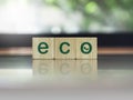 Eco, green words with leaf symbol on wooden cube blocks.