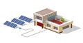 Eco house connected solar panels plant. House with alternative Eco Green Energy, 3d isometric infographic concept. Solar