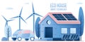 Eco house and electric car. Clean energy with windmills, rooftop solar panel house and floor solar panels