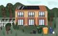 Eco-house. Eco-friendly home with solar panels, waste sorting bins, vegetable garden and bike. Zero waste lifestyle. Eco-friendly Royalty Free Stock Photo