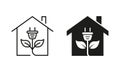 Eco House with Leaf and Plug Line and Silhouette Icon Set. Natural Home with Green Energy Pictogram. Ecology Real Estate Royalty Free Stock Photo