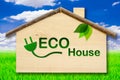 Eco house on Little home wooden model on blue sky background. Royalty Free Stock Photo