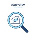 Eco house search icon. Vector illustration of a magnifier tool with house building and leaf eco symbol inside. Represents concept