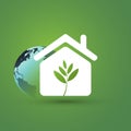 Eco House, Smart Home Concept Design - Pictogram, Symbol, House Icon With Leaves and Earth Globe on Green Background Royalty Free Stock Photo