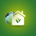 Eco House, Smart Home Concept Design - Pictogram, Symbol, House Icon With Leaves and Earth Globe on Green Background Royalty Free Stock Photo