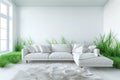Eco-housing concept. White modern living room in minimalist style with white leather sofa, pillows, rug and green plants around. Royalty Free Stock Photo