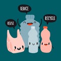 Eco illustration with cute plastic bag, bottles and speech bubbles Royalty Free Stock Photo