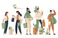 Eco illustration for web. People sort waste and use eco bags and reusable cups Royalty Free Stock Photo