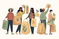 Eco illustration for web. People sort waste and use eco bags and reusable cups