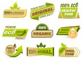 Eco label banner. Healthy food labels, eco bio product and natural organic emblem badges vector set. 100 percent