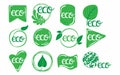 Eco labels. Oganic green circle frames with leaves and branches, bio products stamps collection, ecology friendly emblem set, Royalty Free Stock Photo