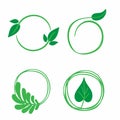 Eco labels. Oganic green circle frames with leaves and branches, bio products stamps, ecology friendly emblem set, quality product