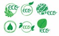 Eco labels. Oganic green circle frames with leaves and branches, bio products stamps, ecology friendly emblem set, quality product