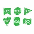 Eco labels. Oganic green geometric forms, bio products stamps collection, ecology friendly emblem set, quality product badge