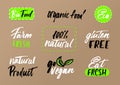 Eco labels set on craft background. Modern brush lettering eco f Royalty Free Stock Photo