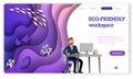 Eco landing. Modern violet gradients work room or office with ecologic workspace and trees for web page vector template