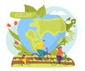 Eco life concept, healthy organic natural nutrition, ecology vector illustration. Ecological diet and sport. Bicycling