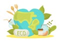 Eco life, ecology environment concept vector illustration. Green planet and organic product for save environment earth Royalty Free Stock Photo