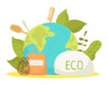 Eco life, ecology environment concept vector illustration. Green planet and organic product for save environment earth Royalty Free Stock Photo