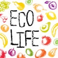 ECO Life hand drawn banner with colorful fruits, ecological friendly poster