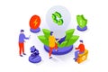 Eco lifestyle concept in 3d isometric design. People using renewable energy resource for generate electricity, recycle garbage, Royalty Free Stock Photo