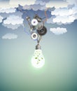 Eco light bulb concept, eco energy engine, realistic light bulb with mechanic engine and with plant inside on the clean