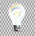 Eco lightbulp concept, realistic light bulp with rainbow and plant inside, ecology Royalty Free Stock Photo