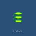 Eco logo. E Letter monogram with 3 green leaves. Eco meal. The letter E consisted of leaves.