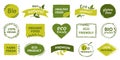 Eco logo. Organic healthy food labels and vegan products badge, nature farmed food tags. Vector gluten free and bio Royalty Free Stock Photo