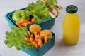 Eco lunch box with a sandwich, fresh vegetables and fruits, a bottle of juice on a light background. Healthy school lunch Royalty Free Stock Photo