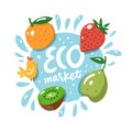 Eco Market text logo. Fruits sketch. Cartoon style. Hand drawn vector illustration.