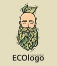 Eco nature logo. Hipster head with blooming beard with leafs. Hand-Drawn Vector Illustration. Bearded man emblem for eco