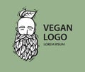 Eco nature logo. Hipster head with blooming beard with leafs on white background. Hand-Drawn Vector Illustration