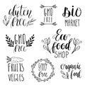 Eco, nature, vegan, bio food logos. Handwritten lettering. Vector elements for labels, logos, badges, stickers or icons. Calligrap