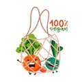 Eco net shopping bag with vegan products. Root vegetable chracters with funny cartoon faces. Concept for zero waste, 100