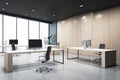 Eco open space office interior design with city view background from panoramic window, wooden furniture and wall, modern computers Royalty Free Stock Photo