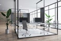 Eco open space office interior design with modern computers on white work tables on wooden floor, green plants on dark grey wall