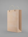 Eco packaging mockup bag kraft paper with handle half side. Standard medium brown template on gray background promotional