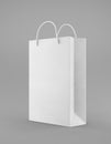 Eco packaging mockup bag kraft paper with handle half side. Standard medium white template on gray background promotional