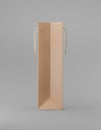 Eco packaging mockup bag kraft paper with handle side. Tall narrow brown template on gray background promotional advertising. 3D