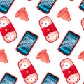Eco pad pattern, menstrual cup, flat phone. Seamless pattern motif of menstruation. Menstruation items. Vector. The