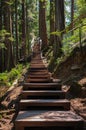 Eco path wooden walkway steps or stairs in the forest. Ecological trail path. Wooden path in the National park in Canada