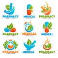 Eco Pharma bottles, Images of bottles, pounder, pills and green Leaves Royalty Free Stock Photo