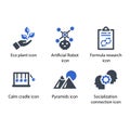 Eco plant, Artificial Robot, Formula research, Calm cradle, Pyramids, Socialization connection, icon Royalty Free Stock Photo