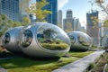 Eco-pods with internal green spaces blend with urban foliage, offering a vision of symbiotic city living and