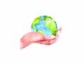 ECO-poster: planet Earth in the palm of your hand. Watercolor drawing for environmental illustrations on the theme of caring for n Royalty Free Stock Photo