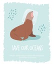 Eco poster with sea lion. Stop plastic pollution.