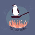 Eco poster STOP GLOBAL WARMING with penguin suffering from temperature rising