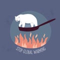 Eco poster STOP GLOBAL WARMING with polar bear suffering from temperature rising